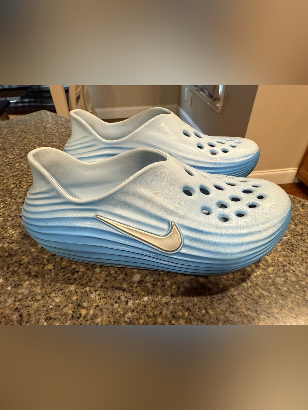 Nike Kids Sky Blue Slip-On Foam Clogs with Silver Swoosh